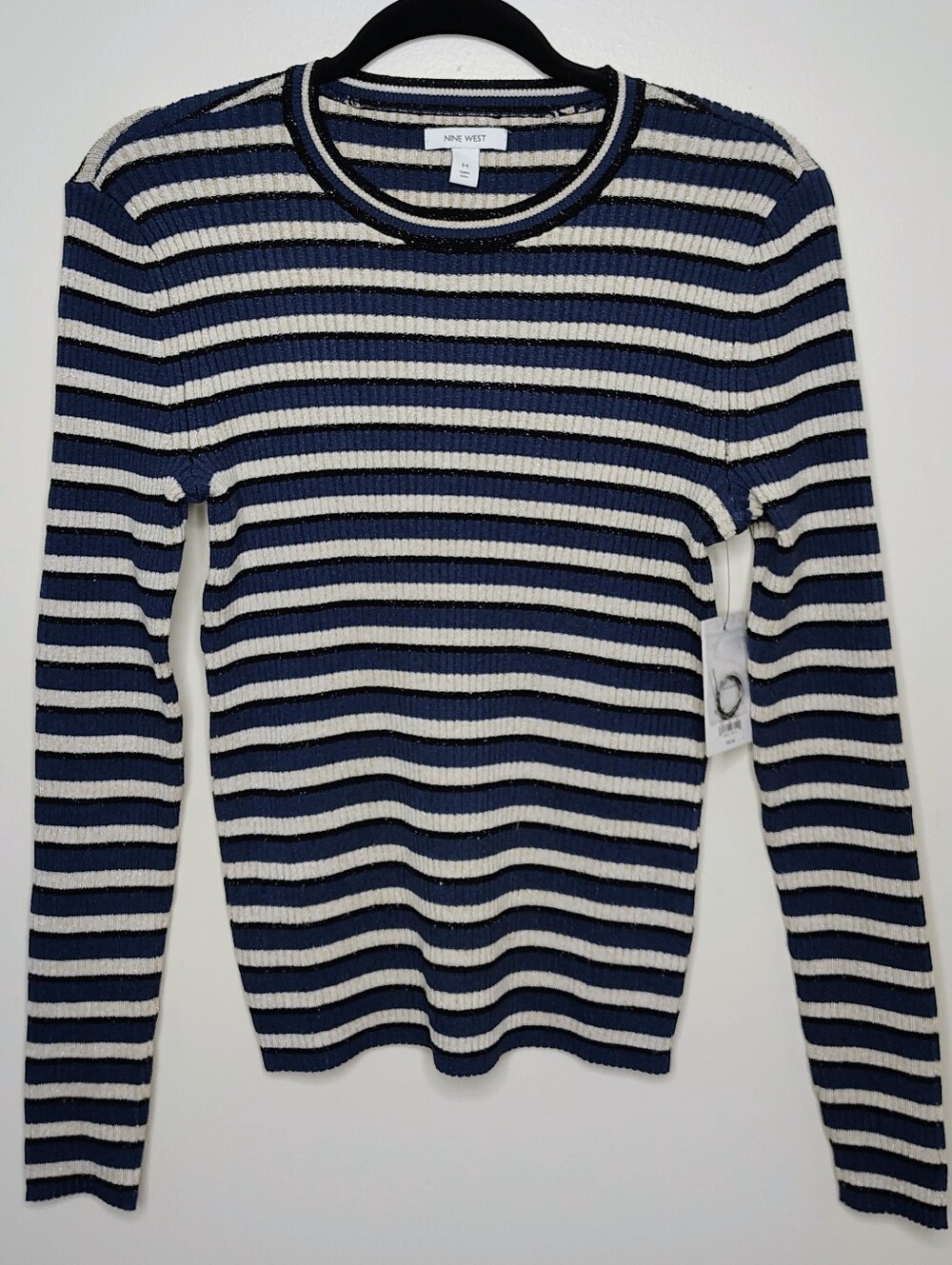 Nine West Metallic Striped Ribbed Sweater Navy Cream Black Size M NWT
